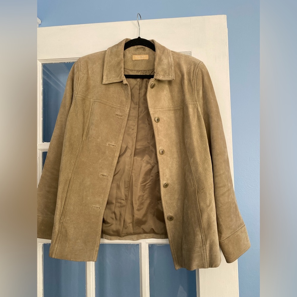 Vintage Kate Hill Casual Khaki Suede Leather Button Jacket